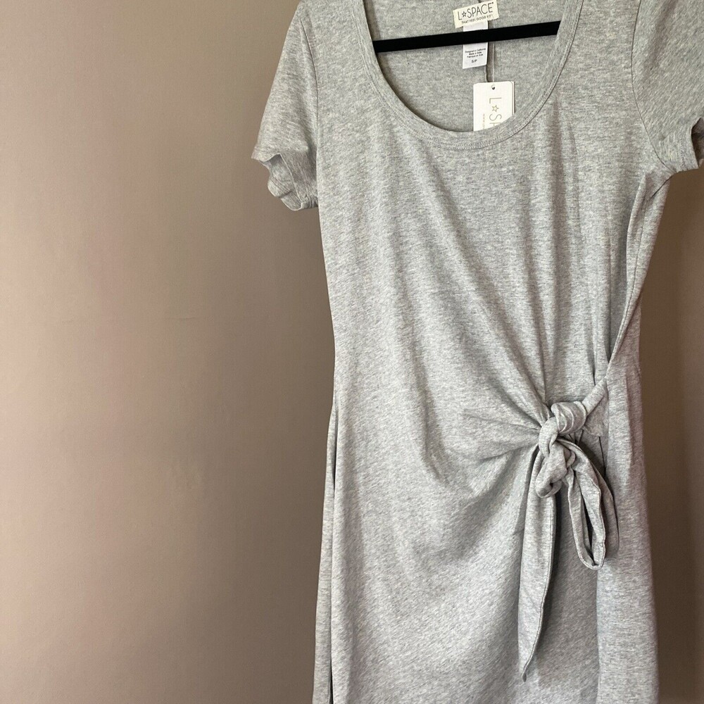 L*SPACE Abalone Dress Front Knot Mini Jersey Knit Short Sleeve Gray Small